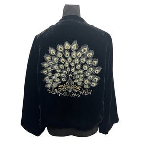 Lucky Brand Velvet Blazer Peacock Embroidery Black